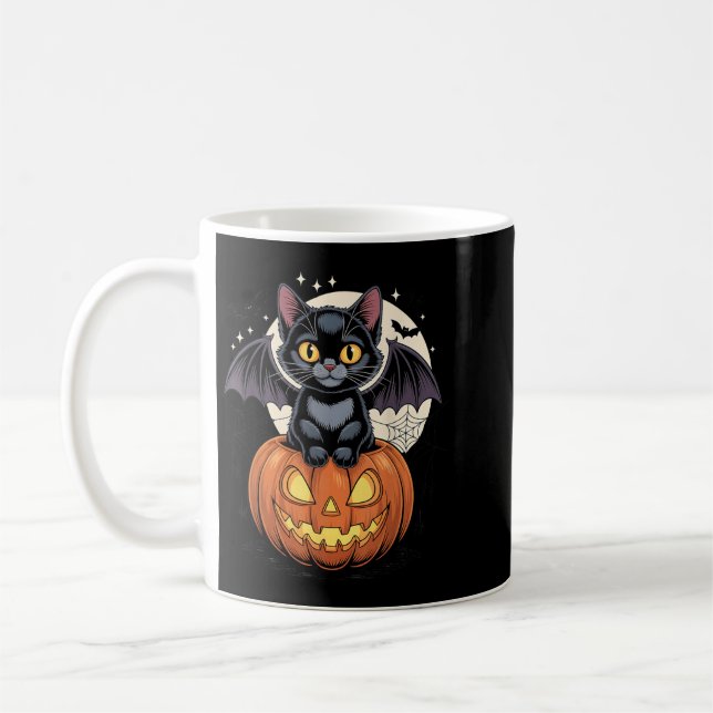 Söt svart katt med fladdermusvingar Jack O Lantern Kaffemugg (Vänster)