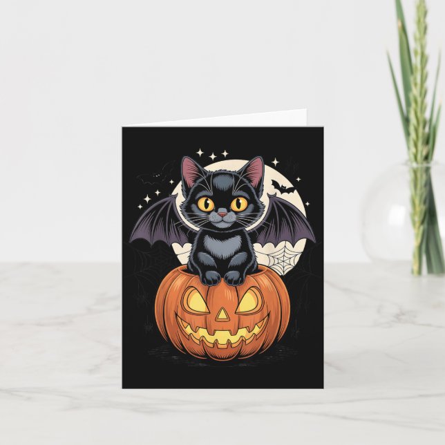 Söt svart katt med fladdermusvingar Jack O Lantern Kort (Framsida)