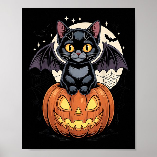 Söt svart katt med fladdermusvingar Jack O Lantern Poster (Framsidan)