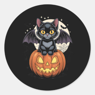 Söt svart katt med fladdermusvingar Jack O Lantern Runt Klistermärke