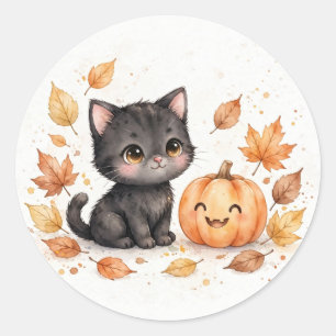 Söt svart katt med Halloween-pumpa Runt Klistermärke