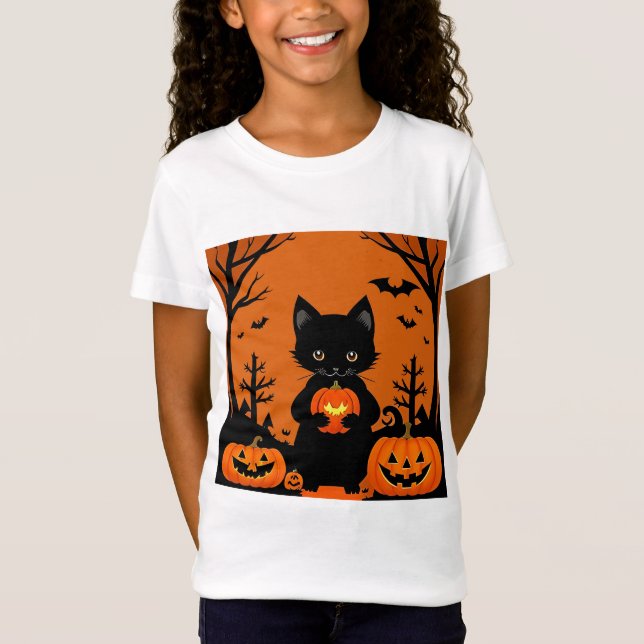 Söt svart katt med halloween-pumpor t shirt (Framsida)