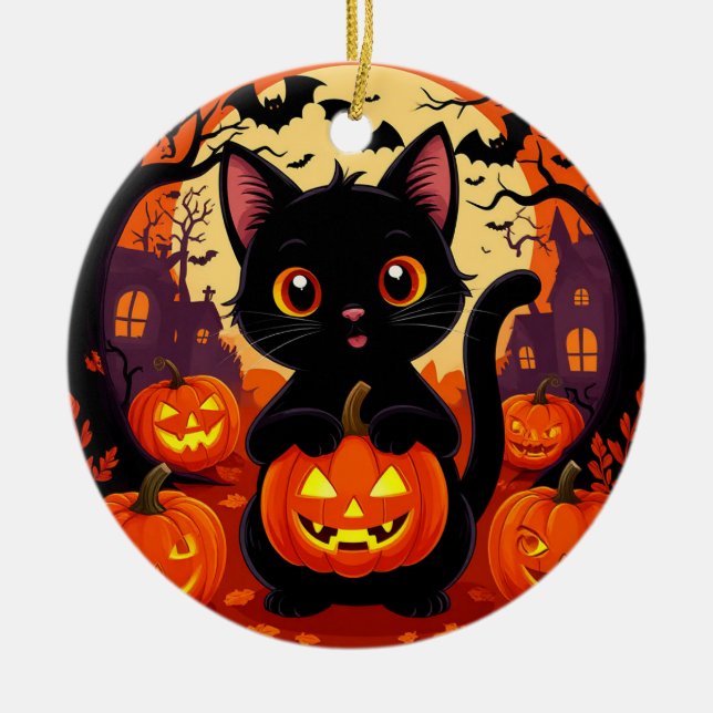 Söt svart katt med halloweenpumpor julgransprydnad keramik (Framsidan)