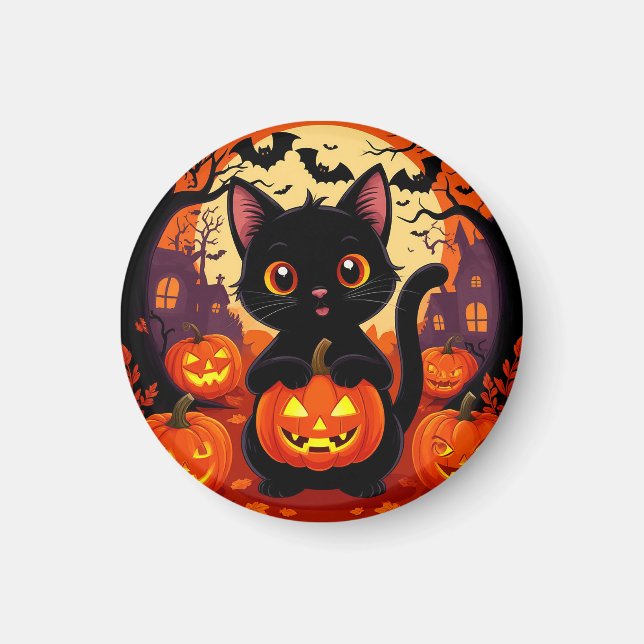 Söt svart katt med halloweenpumpor magnet (Framsidan)