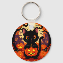 Söt svart katt med halloweenpumpor nyckelring