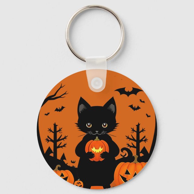 Söt svart katt med halloweenpumpor nyckelring (Framsida)