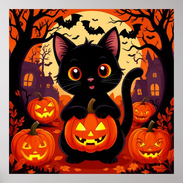 Söt svart katt med halloweenpumpor poster (Framsidan)