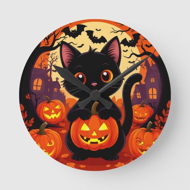 Söt svart katt med halloweenpumpor rund klocka (Framsida)