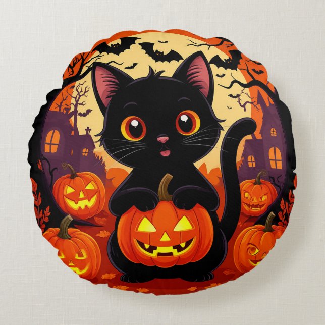 Söt svart katt med halloweenpumpor rund kudde (Framsidan)