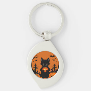 Söt svart katt med halloweenpumpor swirl silverfärgad nyckelring