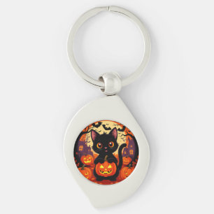 Söt svart katt med halloweenpumpor swirl silverfärgad nyckelring