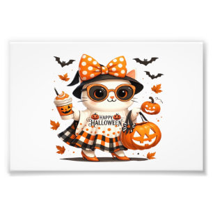 Söt svart katt med häxhatt � Kawaii Halloween A Fototryck