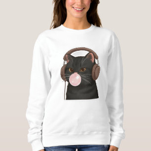 Söt svart katt med hörlurar som blåser bubbelgum t shirt