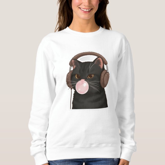 Söt svart katt med hörlurar som blåser bubbelgum  t shirt (Framsida)