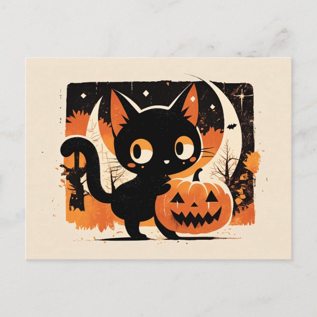 Söt svart katt med Jack-o'-lantern Helg Vykort (Framsida)