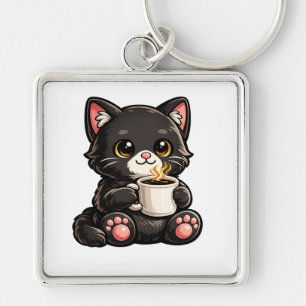 Söt svart katt med kaffe fyrkantig silverfärgad nyckelring