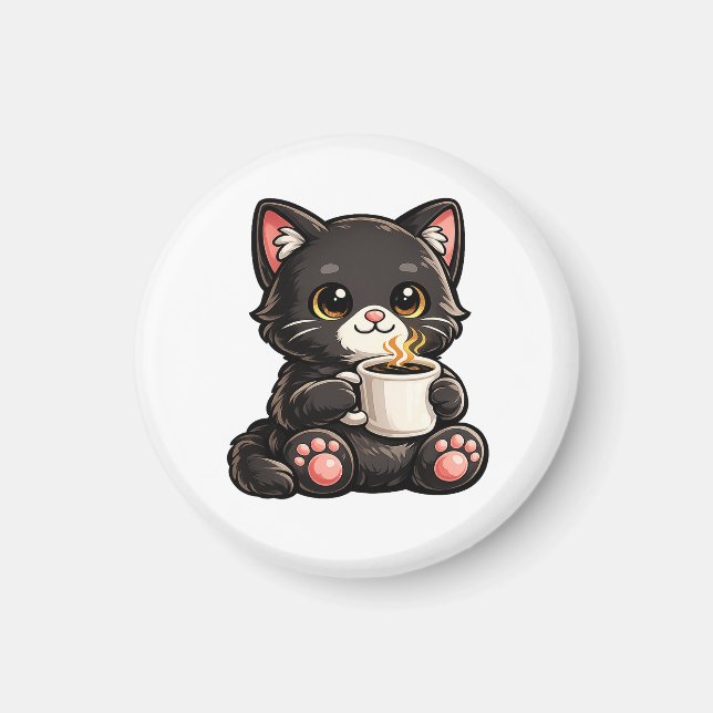 Söt svart katt med kaffe magnet (Framsidan)