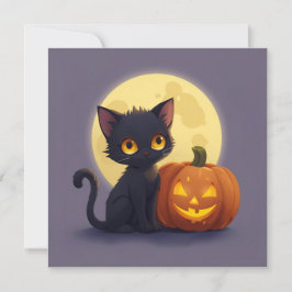 Söt svart katt med lysande utskuren pumpa inbjudningar