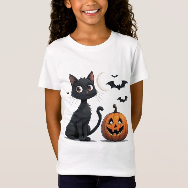 Söt svart katt med pumpa Halloween 🎃 T Shirt (Framsida)