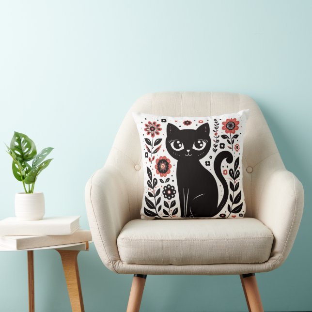 Söt svart katt med stora ögon och blommor kudde (Stol)