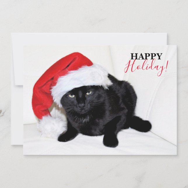 Söt svart katt med tomteluva julkort (Framsida)