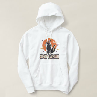 Söt svart katt Meow-lloween Retro häxhatt konst Hoodie