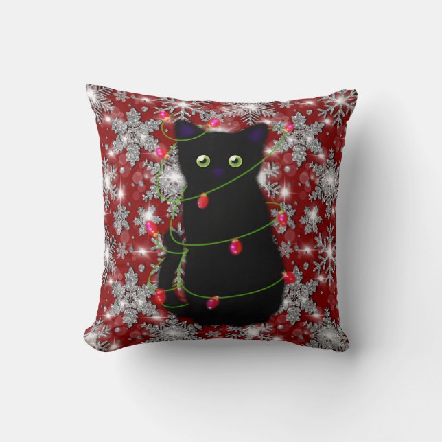 Söt svart katt Meowy jul glittrande snöflinga Kudde (Framsida)