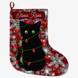 Söt svart katt Meowy jul glittrande snöflinga Stor Julstrumpa