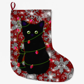 Söt svart katt Meowy jul glittrande snöflinga Stor Julstrumpa