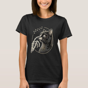 Söt svart katt näsa skelett hand rolig Halloween  T Shirt