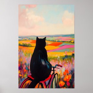 Söt svart katt njuter av naturen med cykel poster