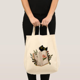 Söt svart katt och blomsterbok tygkasse