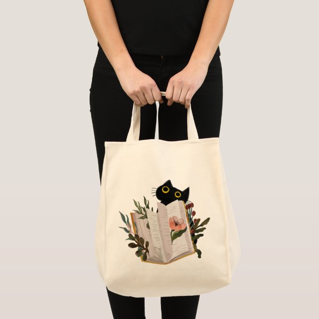 Söt svart katt och blomsterbok tygkasse (Framsida (produkt))