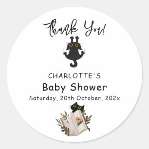 Söt svart katt och bok Bebis-babyshower Runt Klistermärke