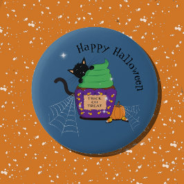 Söt svart katt och cupcake blå Halloween-knapp Knapp