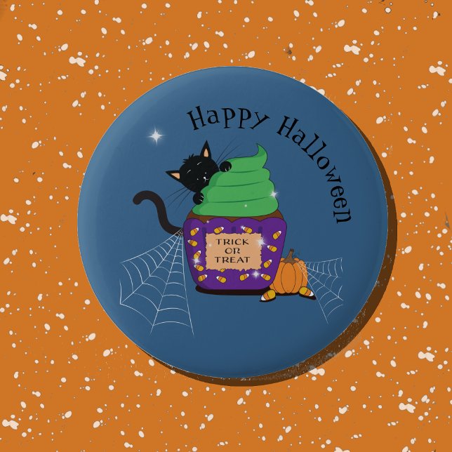 Söt svart katt och cupcake blå Halloween-knapp Knapp (Cute black cat Halloween blue button .)