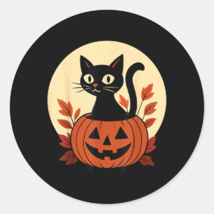 Söt svart katt och Jack O Lantern-pumpa Runt Klistermärke