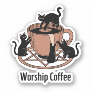 Söt svart katt och kaffe, dyrka kaffekatter klistermärken