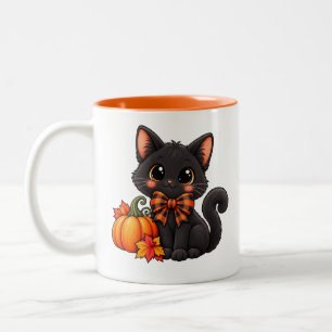 Söt svart katt och pumpa Halloween-kaffemugg Två-Tonad Mugg