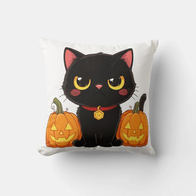 Söt svart katt och pumpa Halloween Kudde (Framsida)
