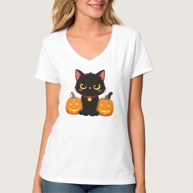 Söt svart katt och pumpa Halloween T Shirt (Framsida)