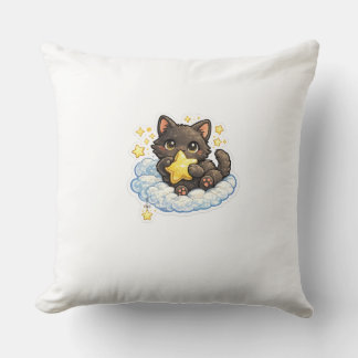 Söt svart katt på en magisk moln – Kawaii Fantasy Kudde