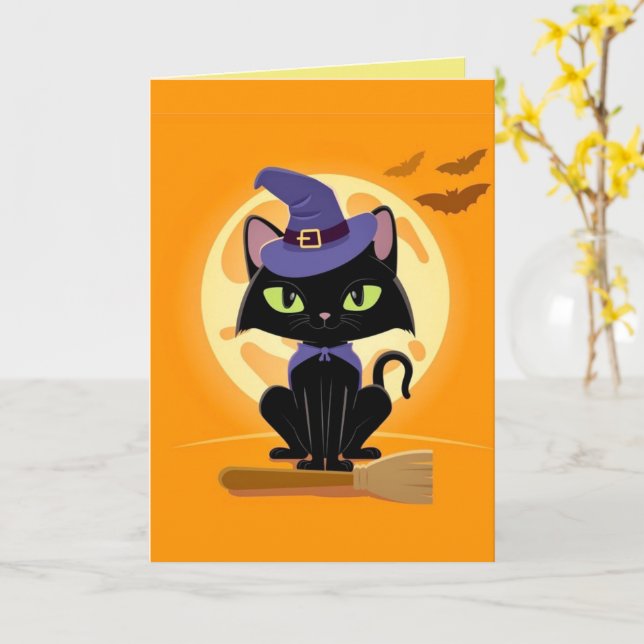Söt svart katt på kvast Halloween-kort Kort (Gul blomma)