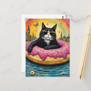 Söt svart katt på semester i en flytande donut vykort