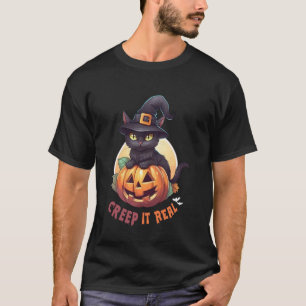 Söt svart katt Pumpa Creep It Real Full Moon Hal T Shirt
