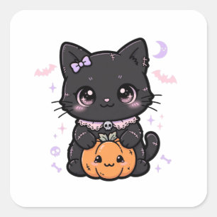 Söt Svart Katt Pumpa Halloween Fyrkantigt Klistermärke