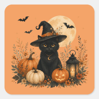 Söt svart katt pumpa Halloween Fyrkantigt Klistermärke