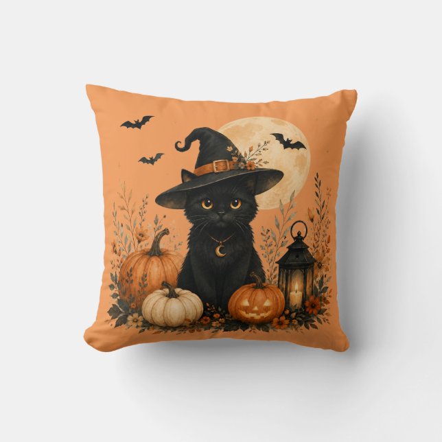 Söt svart katt pumpa Halloween kudde (Framsida)