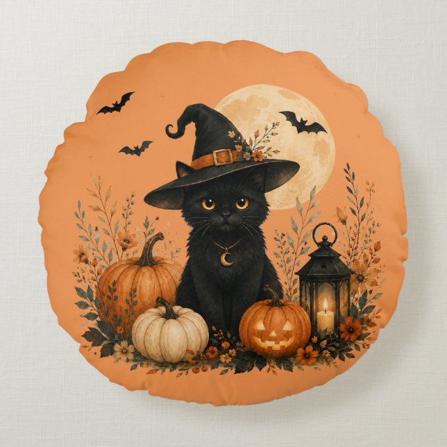 Söt svart katt pumpa Halloween kudde (Framsidan)