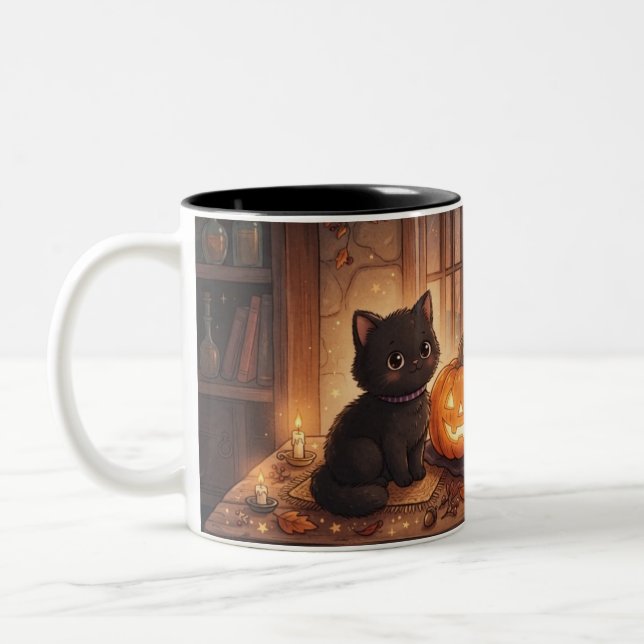 Söt svart katt & pumpa Halloween Två-Tonad Mugg (Vänster)